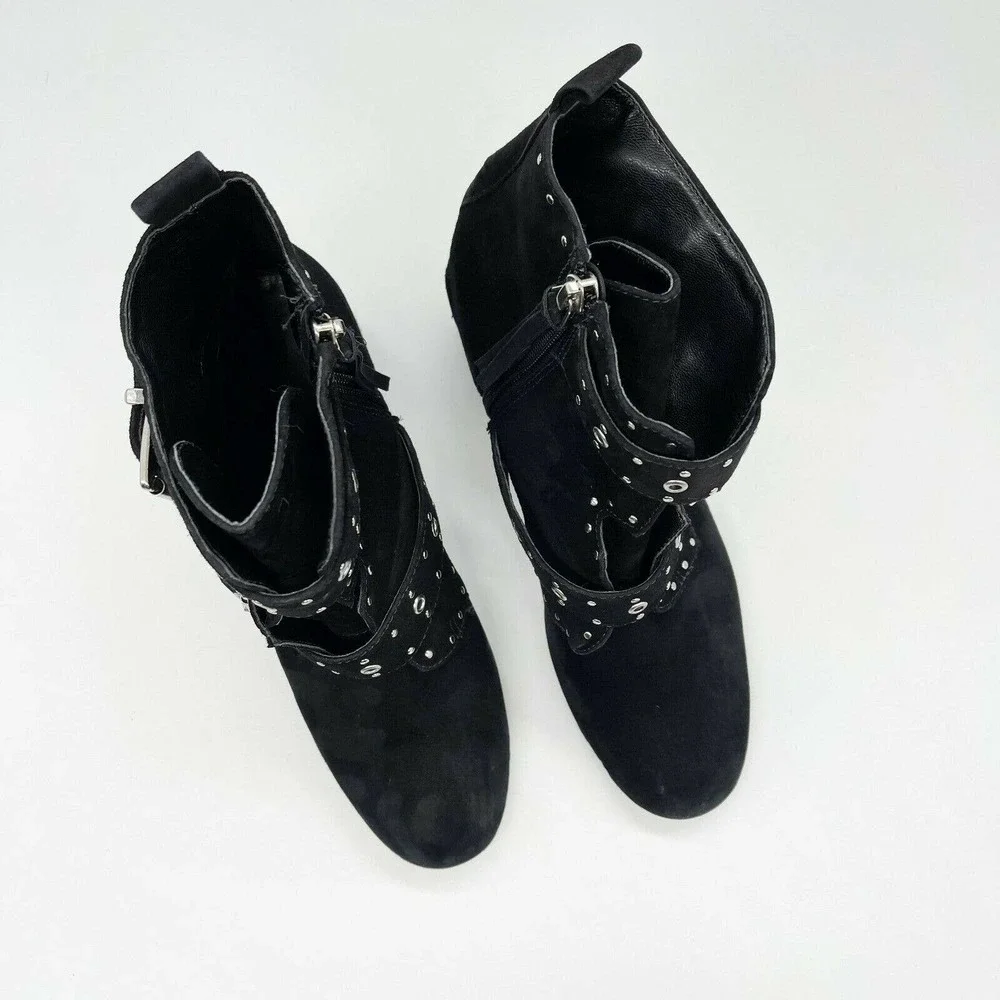 Rebecca Minkoff Logan Studded Booties Shoes‎ Sz 7.5 Black Suede Buckle Strap Zip